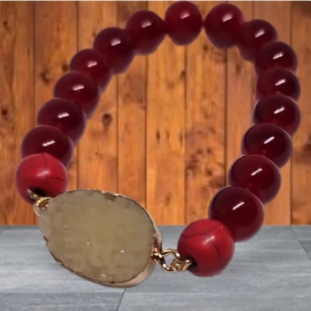 Vintage Red Seaglass Gemstone & Druzy Stone Bracelet.